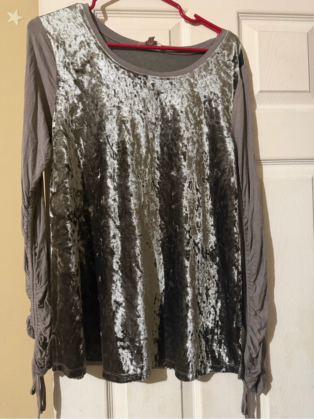 Umgee Silver Velvet-Front Long Sleeve Top